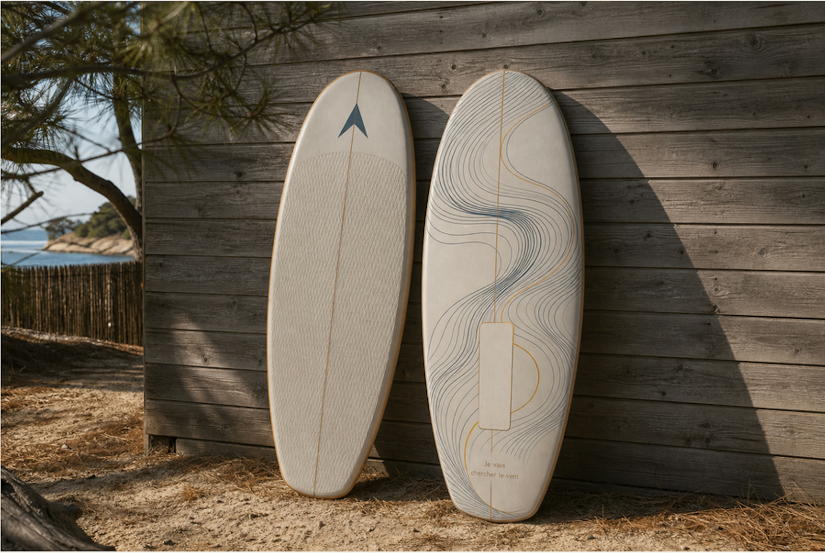 Deux planches de wingfoil waxtoday appuyées contre un bardage bois, lumière naturelle du soir