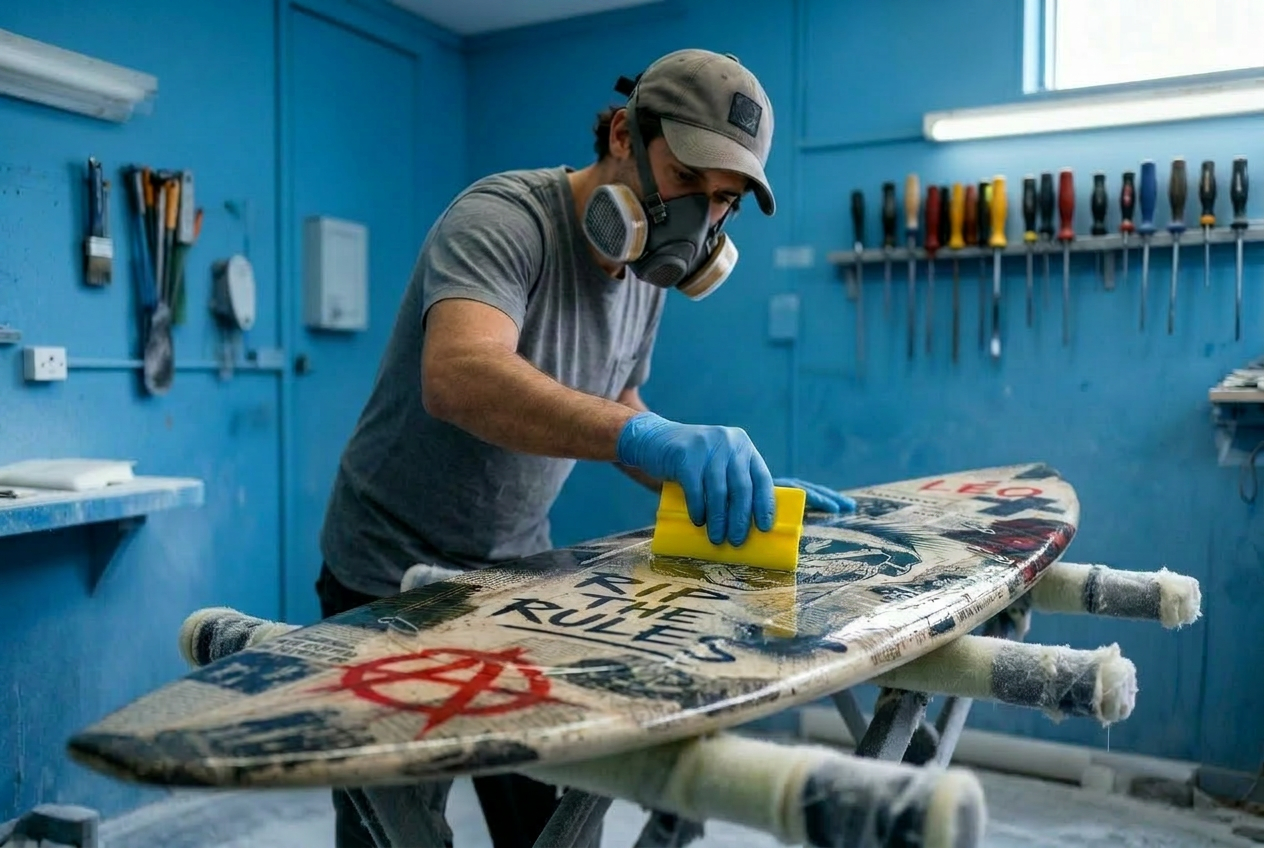 Shaper dans son atelier en train de finir une planche