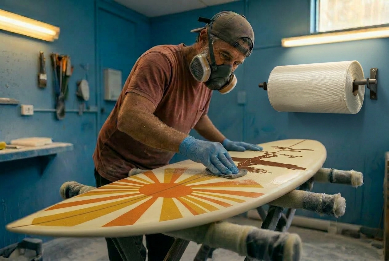 Le shaper dans son atelier bleu, en train de finir une planche aux motifs dorés