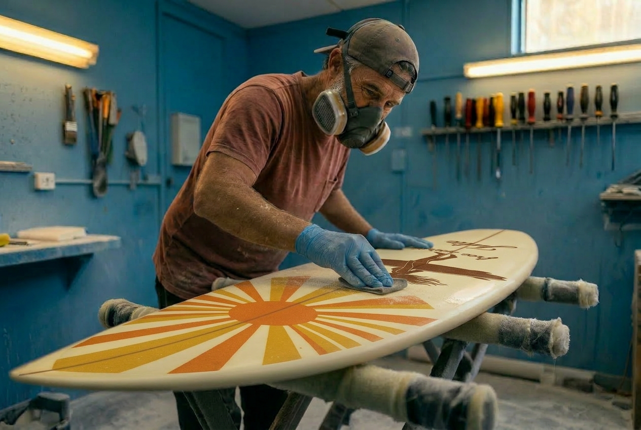 Le shaper dans son atelier bleu, en train de finir une planche aux motifs dorés